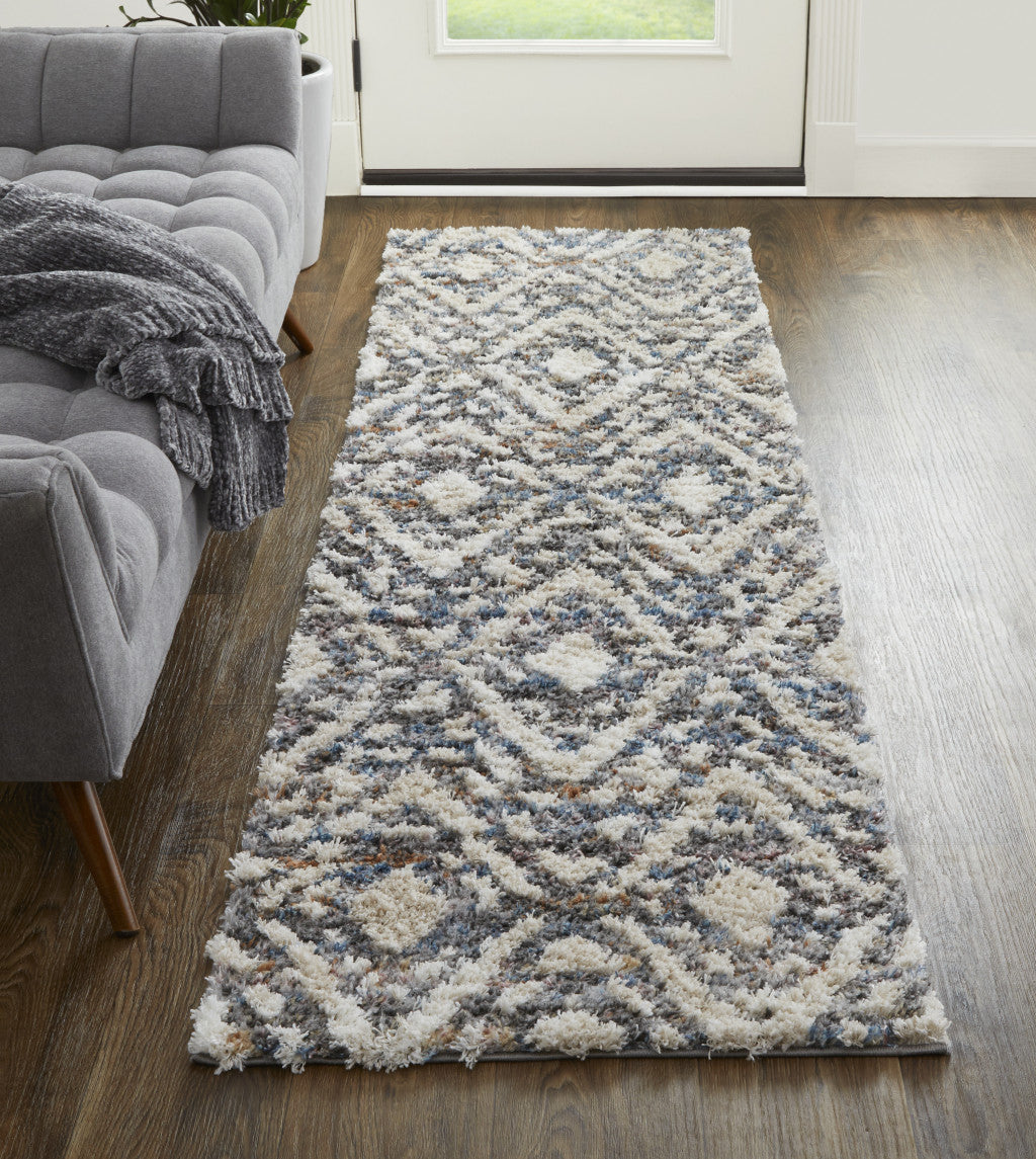 8' Ivory Gray And Taupe Geometric Power Loom Stain Resistant Runner Rug-3