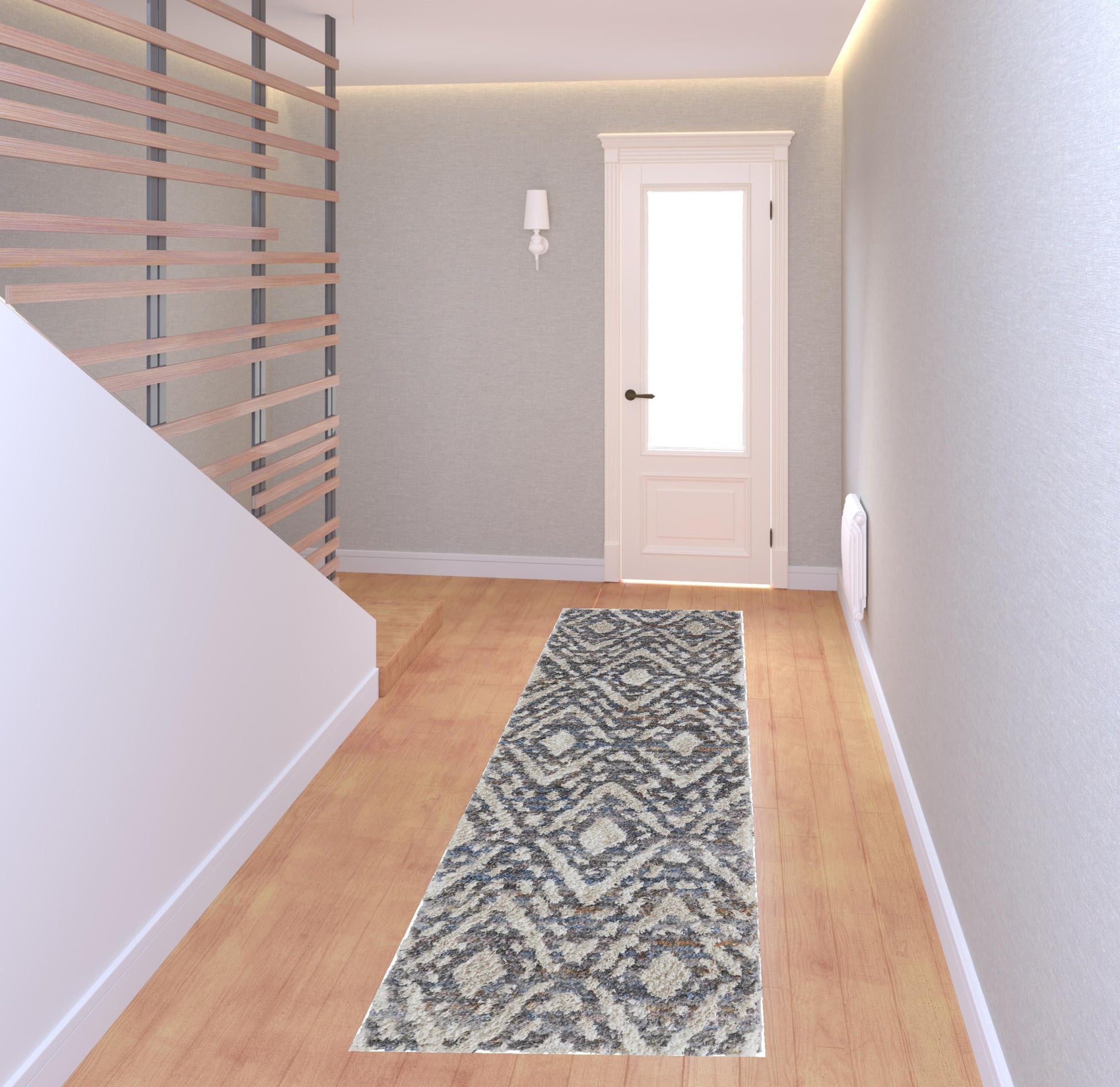 8' Ivory Gray And Taupe Geometric Power Loom Stain Resistant Runner Rug-1