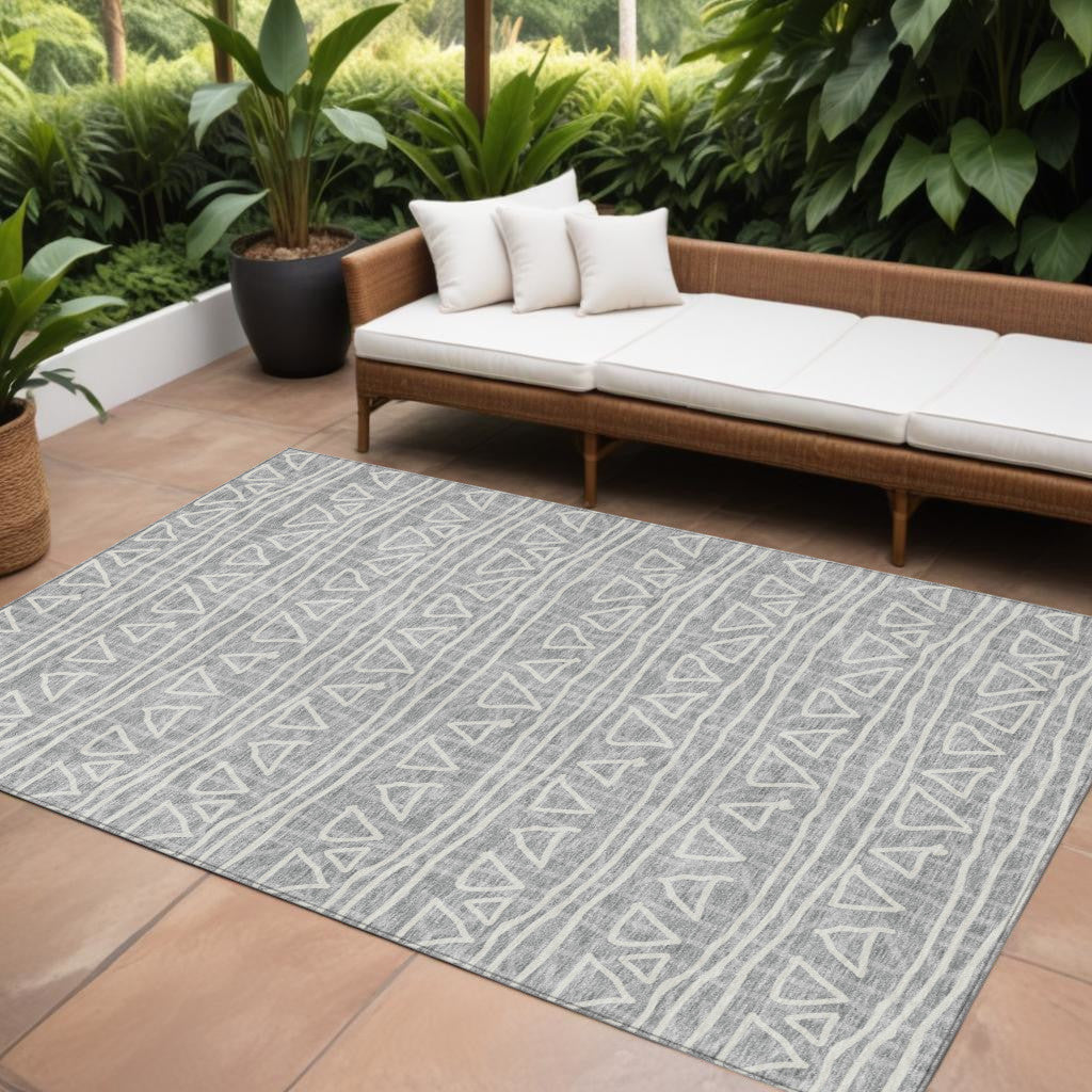 10' X 14' Gray Charcoal And Silver Geometric Washable Indoor Outdoor Area Rug-0
