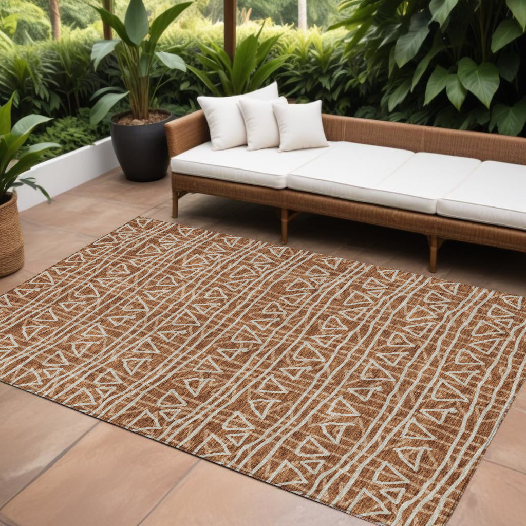 10' X 14' Terra Cotta Copper And Beige Geometric Washable Indoor Outdoor Area Rug-0