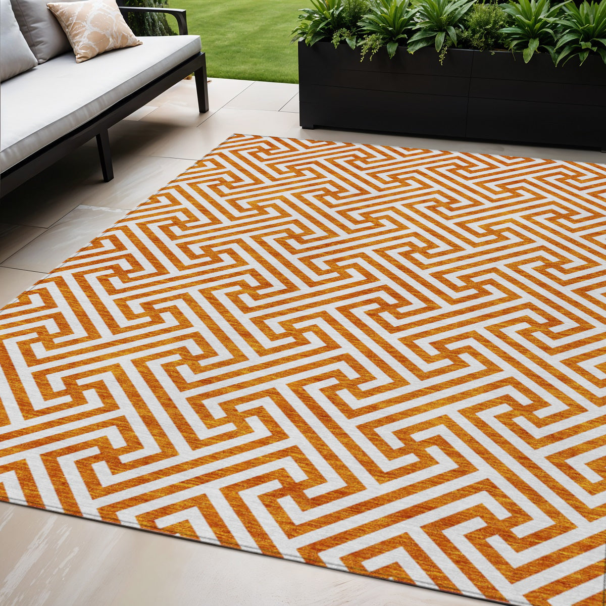 5' X 8' Orange And Ivory Geometric Washable Indoor Outdoor Area Rug-0