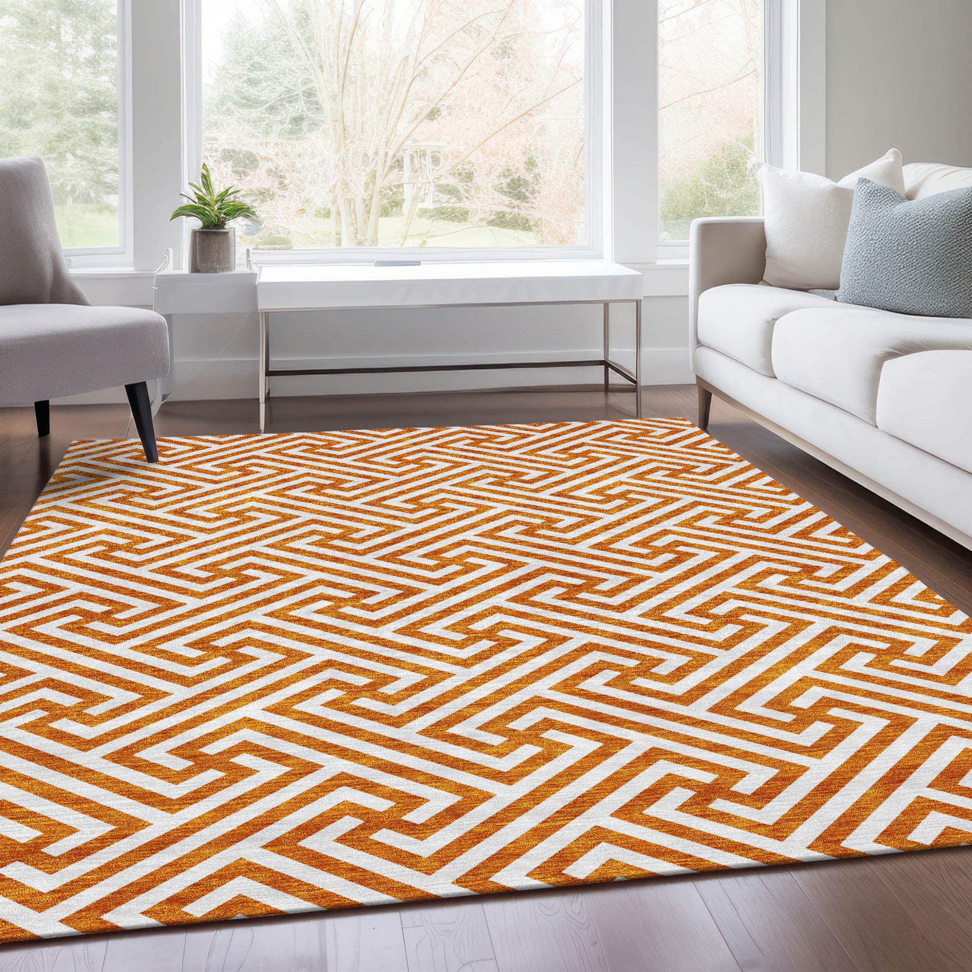 5' X 8' Orange And Ivory Geometric Washable Indoor Outdoor Area Rug-8