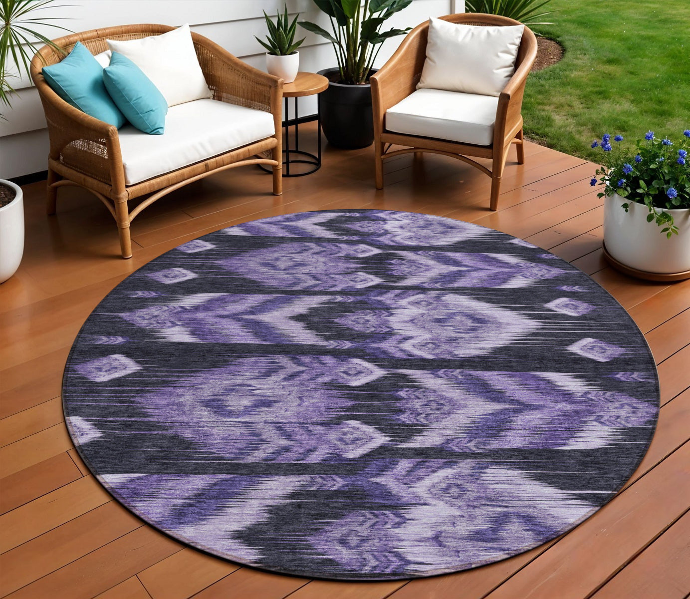 8' Purple Lavender And Plum Round Southwestern Washable Indoor Outdoor Area Rug-0