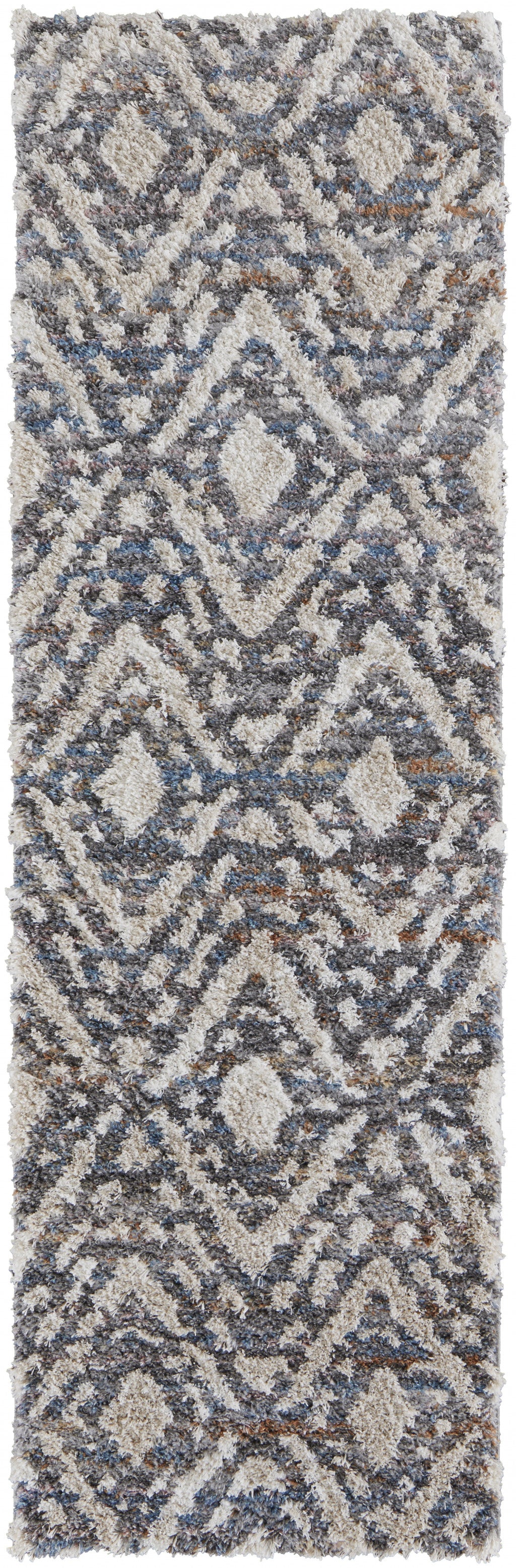 8' Ivory Gray And Taupe Geometric Power Loom Stain Resistant Runner Rug-0