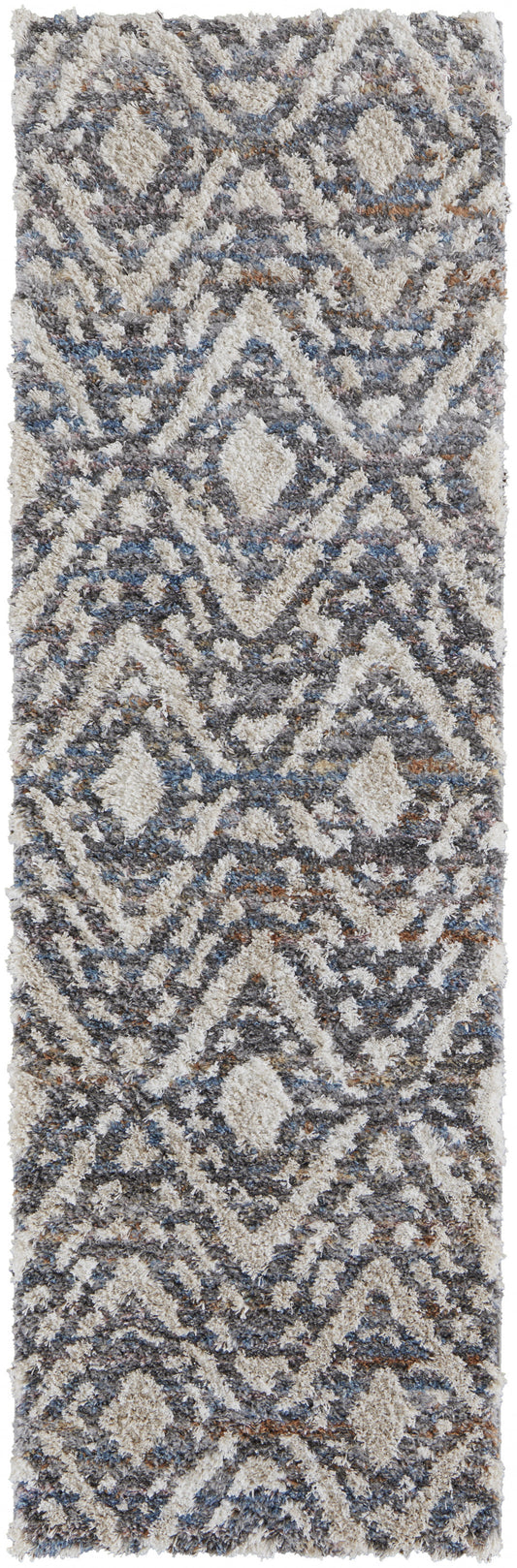 8' Ivory Gray And Taupe Geometric Power Loom Stain Resistant Runner Rug-0
